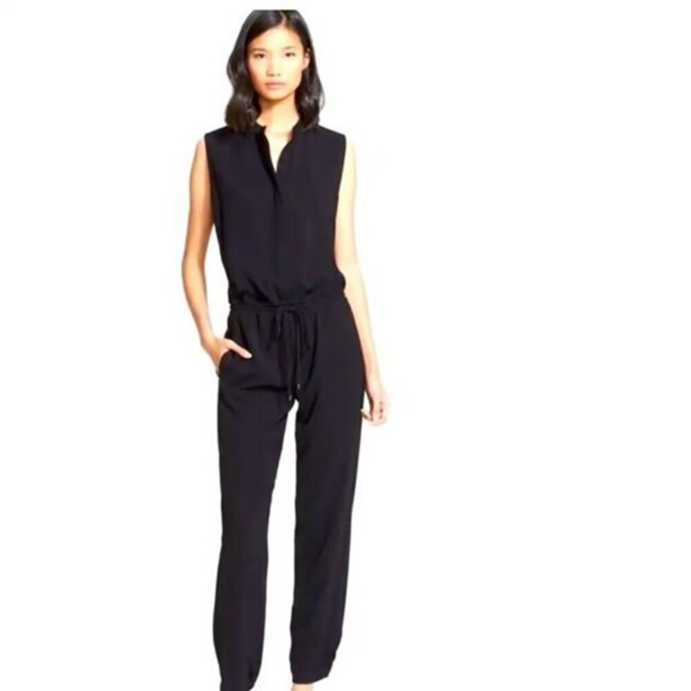 Vince Signature Womens Black Drawstring Elastic Waist Wide-Leg Jumpsuit Size 4